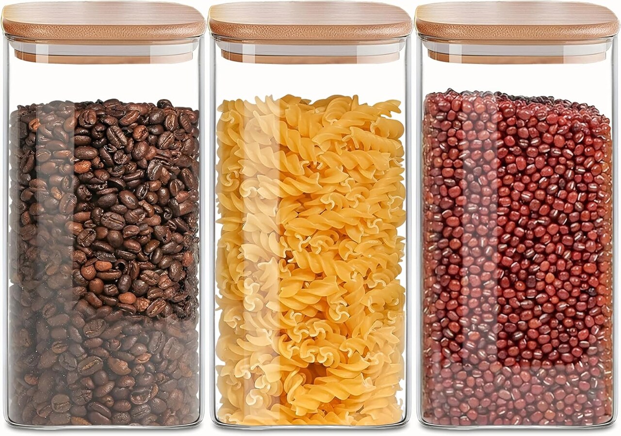 50oz Square Glass Storage Containers with Lids, Clear Food Storage Container Jar with Sealing Bamboo Lid for Noodles Flour Cereal Rice Sugar Tea Coffee Beans,Square Set of 3
